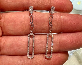 0.52カラット天然ダイヤモンドペーパークリップチェーンドロップイヤリング（18Kホワイトゴールド）、ミニマリストブライダルジュエリー