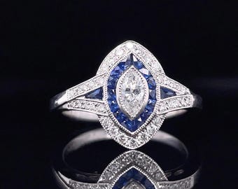 プラチナ製カスタムマーキーズカットダイヤモンドリング、アンティークスタイルの婚約指輪、0.30カラットの天然ダイヤモンドアクセント付き、結婚記念日ギフト