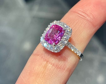 1.63ct Center vivid pink cushion cut natural Ceylon sapphire in a 18k white gold 1ct total G VS natural setting top halo style