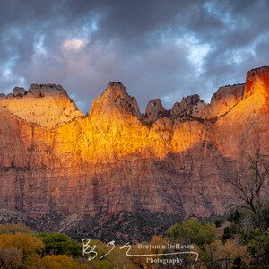 The Towers of the Virgin is an iconic mountain range in Zion National Park. Taken in autumn with golden cottonwood trees.