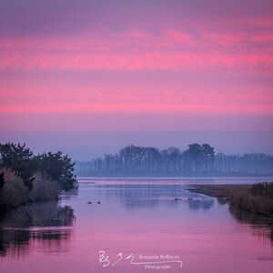 May include: A pink and purple sunrise over a still lake with a line of trees in the distance. The water reflects the colors of the sky.