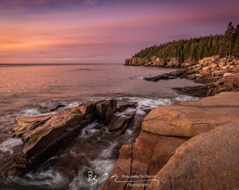 Otter Beach overlooking Otter Cliffs in Acadia National Park, Maine. A beautiful sunrise casts a golden hue to all the rocks on the beach.