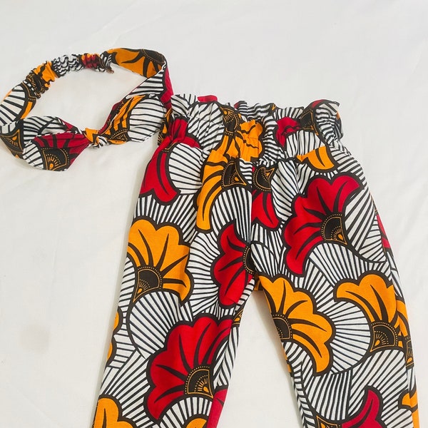 African print pants and headband for girls, Africa kids outfit with pants, Ankara pants with belt for girls