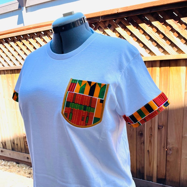 African print tshirt, Ankara shirt, T-shirt with African print fabric on sleeves and pocket