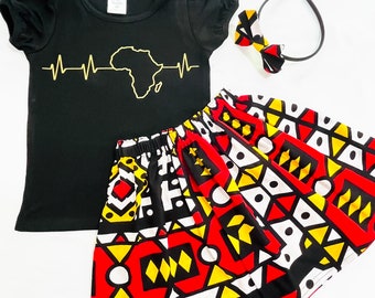 African print skirt and t-shirt for girls | Ankara skirt outfit with headband | African kids clothes | Ankara birthday outfit