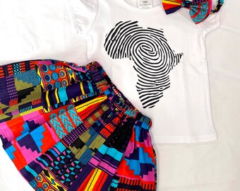 African print skirt and t-shirt for girls | Ankara skirt outfit with headband | African kids clothes | Ankara birthday outfit