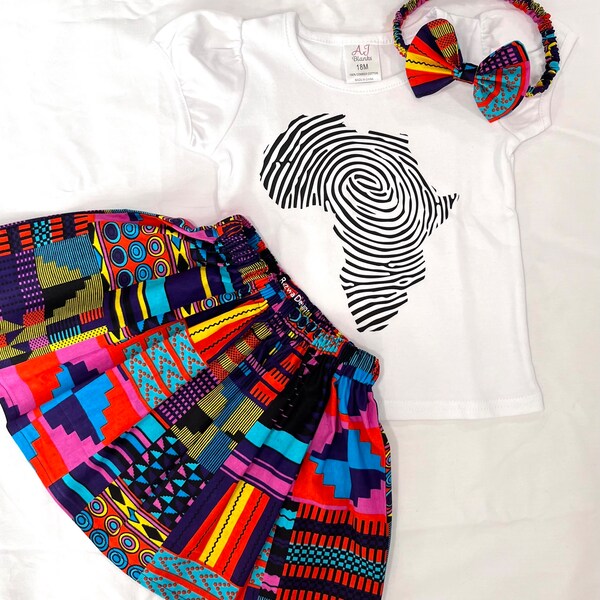 African print skirt and t-shirt for girls | Ankara skirt outfit with headband | African kids clothes | Ankara birthday outfit