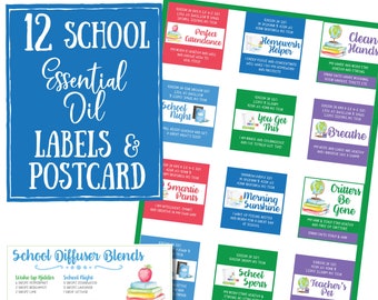 School Essential Oil Printable Labels & Postcard - roller labels, labels for handmade items, young living, immunity, focus roller