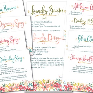 May include: Printable cards with instructions for making homemade cleaning products, including stain remover, laundry booster, all-purpose cleaner, degreasing spray, disinfectant spray, dishwashing soap, laundry detergent, deodorizer and scrub, glass cleaner, and foaming hand soap.