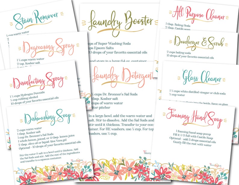 May include: Printable cards with instructions for making homemade cleaning products, including stain remover, laundry booster, all-purpose cleaner, degreasing spray, disinfectant spray, dishwashing soap, laundry detergent, deodorizer and scrub, glass cleaner, and foaming hand soap.