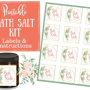 May include: Printable bath salt kit labels with a floral design. The labels feature a gold geometric frame with the text "Bath Salts" in a pink script font. The labels are designed to be printed and used for bath salt products.