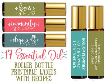 17 Essential Oil Roller Bottle Printable Recipe Stickers- essential oil roller labels, labels for handmade items, young living