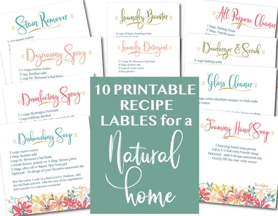 10 Natural Cleaning & Laundry Recipe Labels - printable cleaning labels, nontoxic cleaning, YLEO, essential oil printable, home organization