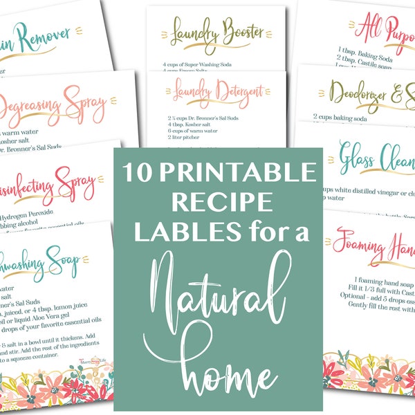 10 Natural Cleaning & Laundry Recipe Labels - printable cleaning labels, nontoxic cleaning, YLEO, essential oil printable, home organization