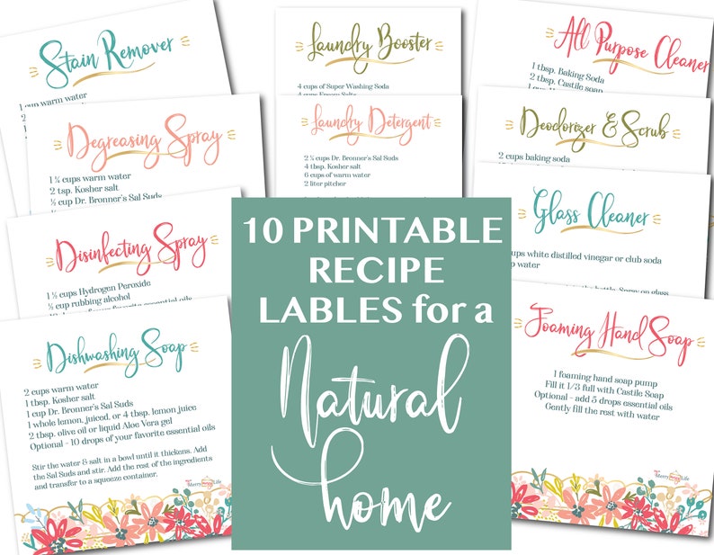 May include: Ten printable recipe labels for a natural home. The labels are on a teal background with pink and white floral designs. The labels include recipes for stain remover, degreasing spray, disinfecting spray, dishwashing soap, laundry booster, laundry detergent, all-purpose cleaner, deodorizer and scrub, glass cleaner, and foaming hand soap.