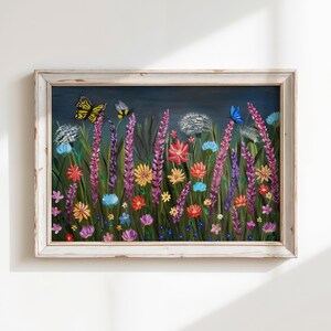Dipinto di fiori selvatici vivaci con farfalle e api - Arte murale, stampa artistica, arte floreale, opera d'arte originale, campo di fiori selvatici