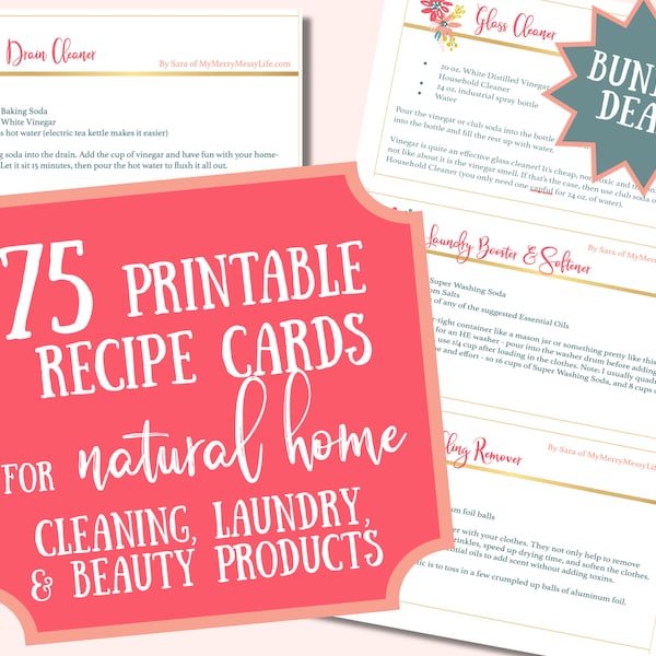 75 Recipe Cards Bundle for Natural Home Cleaning, Laundry, Bath, Body and Beauty Products, printable recipe cards,