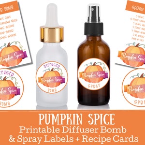 Pumpkin Spice Diffuser Bomb & Spray Bottle Labels - essential oil spray labels, labels for handmade items, young living, doter
