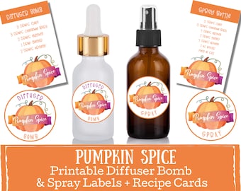 Pumpkin Spice Diffuser Bomb & Spray Bottle Labels - essential oil spray labels, labels for handmade items, young living, doter