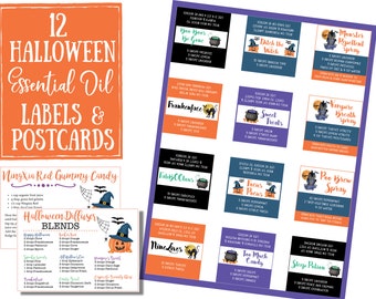 Halloween Essential Oil Printable Labels & Postcard - roller labels, labels for handmade items, young living, pumpkins, witches, candy corn