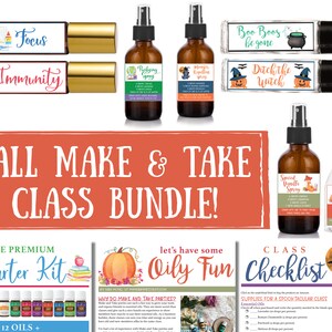 May include: Fall Make & Take Class Bundle with essential oil blends for classroom and home use. Includes 12 oils, a starter kit, and a checklist for a spooky class.  The labels feature fall and Halloween themes.
