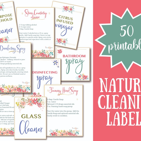Natural Cleaning Recipe Labels - printable cleaning labels, nontoxic cleaning, YLEO, essential oils, mason jars, home organization