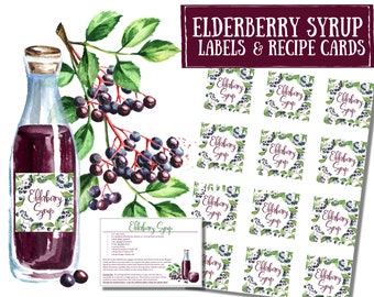 Elderberry Syrup Printable Labels & Recipe Cards - essential oil roller labels, labels for handmade items, winter wellness, immunity, health