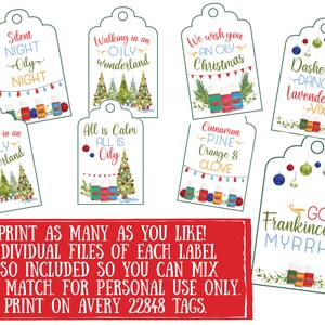 May include: Printable Christmas gift tags featuring watercolor illustrations of Christmas trees, ornaments, and essential oil bottles. The tags include phrases like "Silent Night", "Walking in an Oily Wonderland", "All is Calm All is Oily", "We Wish You an Oily Christmas", "Cinnamon Pine Orange & Clove", "Dasher Dancer Lavender Vixen", and "Gold Frankincense Myrrh".