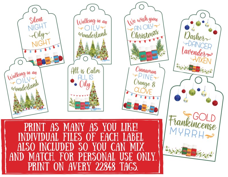 May include: Printable Christmas gift tags featuring watercolor illustrations of Christmas trees, ornaments, and essential oil bottles. The tags include phrases like "Silent Night", "Walking in an Oily Wonderland", "All is Calm All is Oily", "We Wish You an Oily Christmas", "Cinnamon Pine Orange & Clove", "Dasher Dancer Lavender Vixen", and "Gold Frankincense Myrrh".
