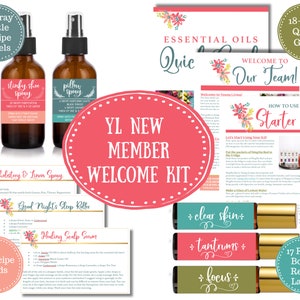 Może przedstawiać: Różowo-zielony zestaw powitalny dla nowych członków Young Living olejków eterycznych. Zestaw zawiera 13 etykiet z przepisami na butelki ze spryskiwaczem, 17 etykiet z przepisami na butelki z rolką, 46 kart z przepisami, 18-stronicowy szybki przewodnik oraz trzy butelki z olejkiem eterycznym z etykietami "czysta skóra", "histerie" i "koncentracja".