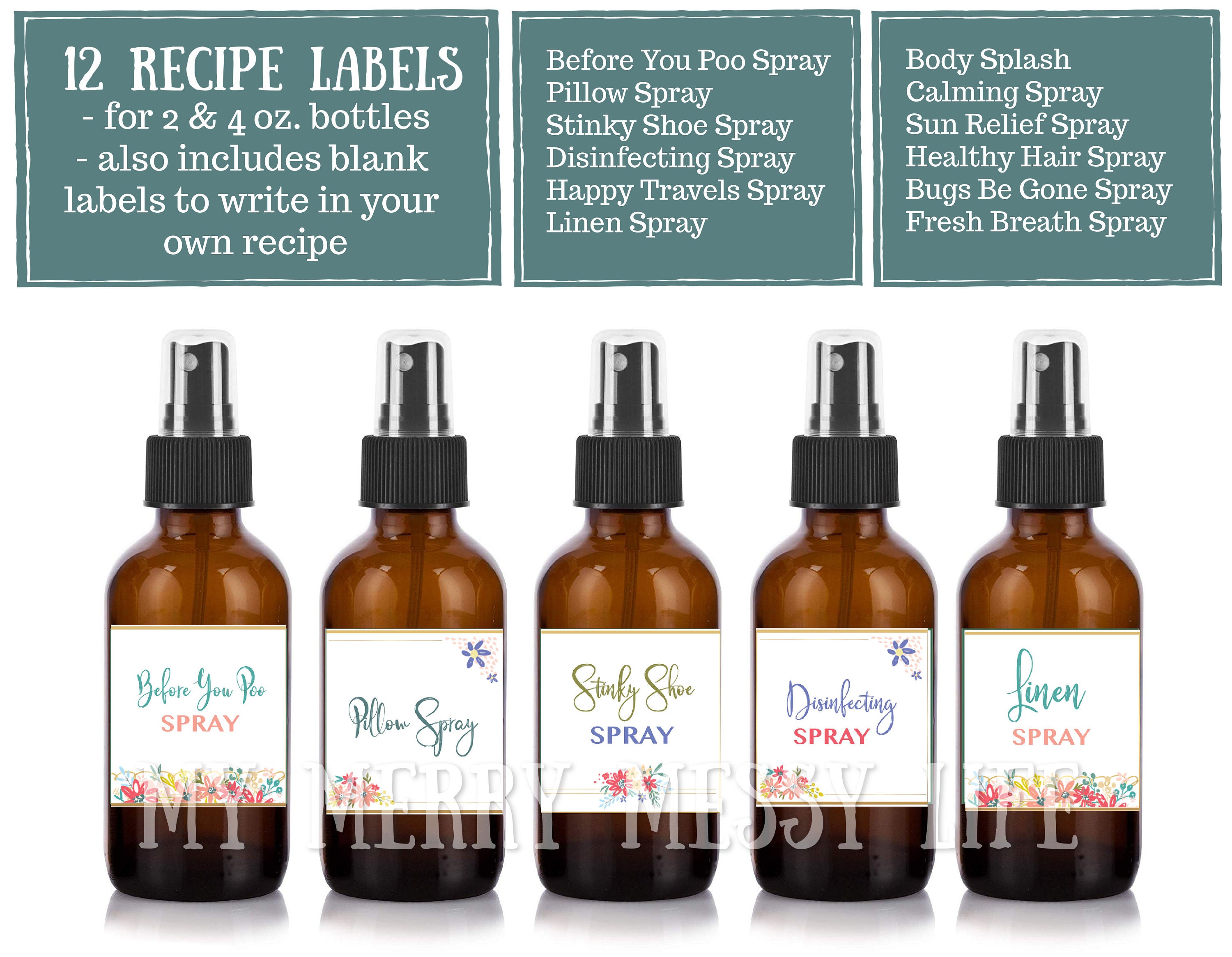 Easy Essential Oils Recipes & Labels DIY Kit (Bottles Included