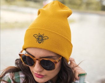 Bonnet à revers en tricot brodé Honey Bee unisexe | Cadeaux Abeille | Cadeaux Bonnet - Livraison Gratuite