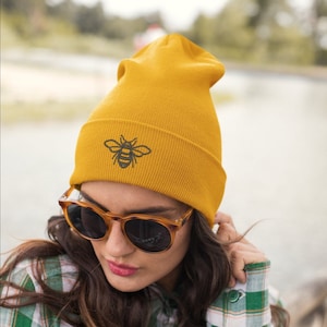 Honey Bee Embroidered Knit Cuffed Beanie Unisex | Honey Bee gifts | Beanie gifts - Free Shipping