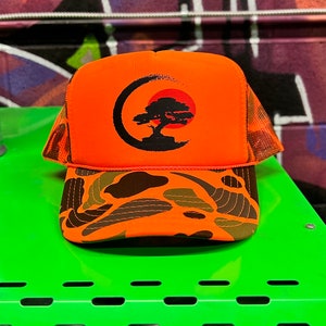 Bonsai Tree Enso Circle Trucker Hat | Custom Printed Hat | Bonsai Tree in Enso Circle - Buddhist Zen Calligraphy Gift | Love, Peace and Art
