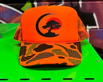 Bonsai Tree Enso Circle Trucker Hat | Custom Printed Hat | Bonsai Tree in Enso Circle - Buddhist Zen Calligraphy Gift | Love, Peace and Art