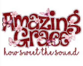Amazing Grace png-bestand: ontwerp met rode bloemenvlinder (digitale download)