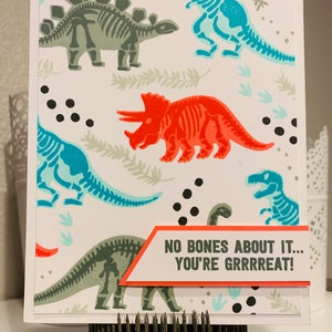 Premium stamped dinosaur greeting card, happy father&#39;s day, happy birthday, thank you, thinking of you, encouragement, congratulations etc.