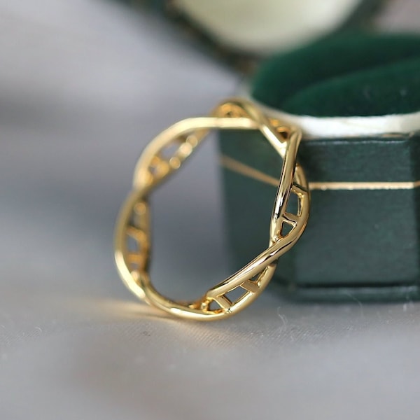 Gold-Dna-Ring, Gold Twist-Bandring, Doppelhelix Ring, dünner Bandring, Kurve Goldring, Gold-DNS-Ring, minimalistischer Ring