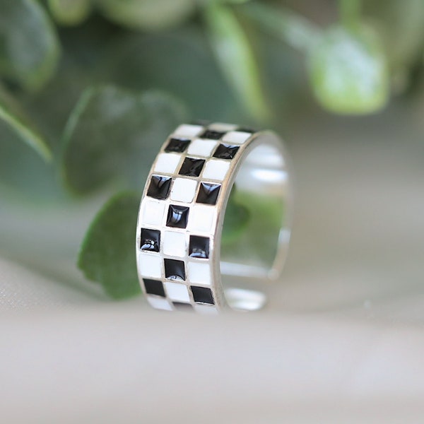 Checker Ring, Geometric Pattern Ring, Black and White Ring, Minimal Ring, Female Ring, Cool Ring, Everyday Jewelry, Open Adjustable Ring