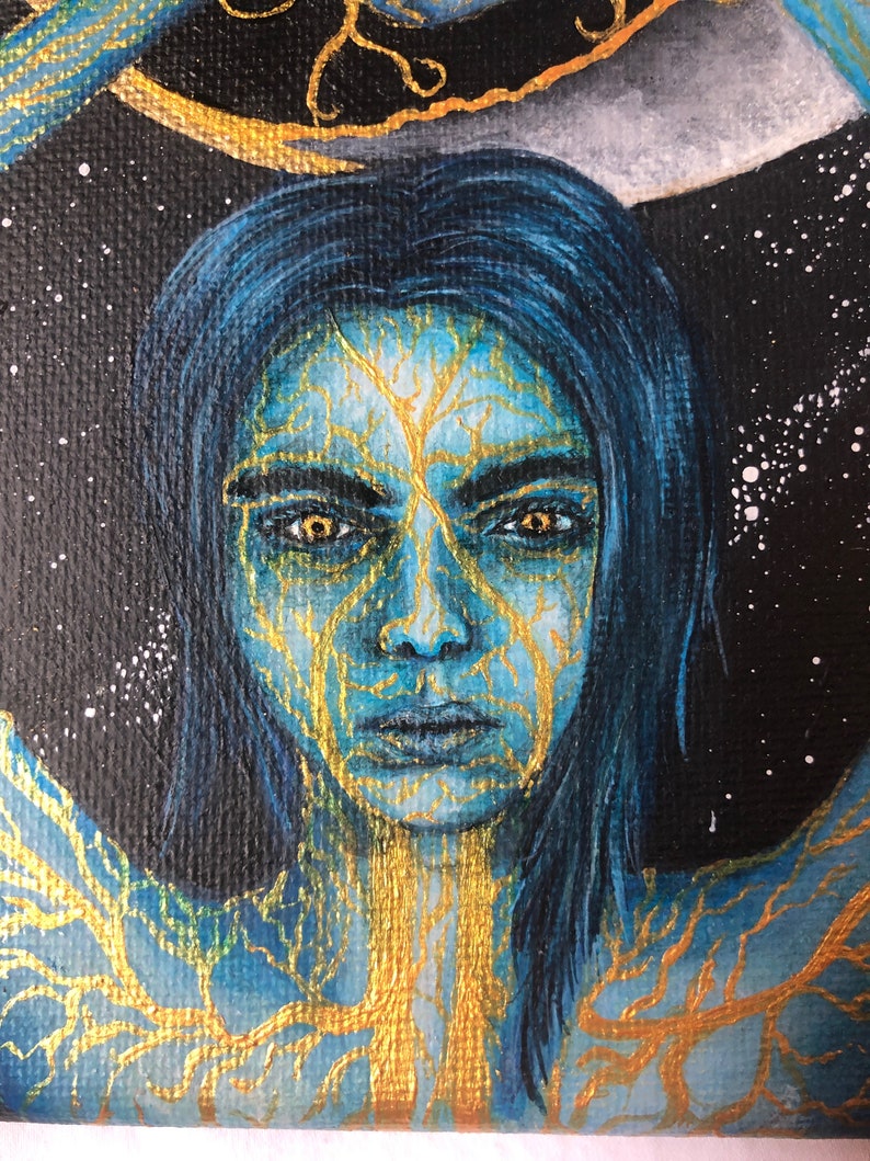 Acrylic Canvas Waxing Crescent Moon Goddess Original With Gold Etsy