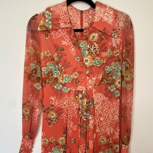 Vintage 1970's Floral Print Long Sleeve Floor Length Gown