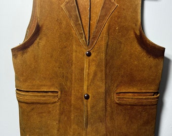 May include: A brown suede vest with a notched collar, three buttons, and two front pockets.