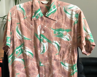 Vintage 1950's Floristiana Abstract Sailboat Hawaiian Button Up Shirt