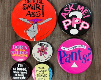 Vintage Assorted Pink Button Pins with Fun Sayings