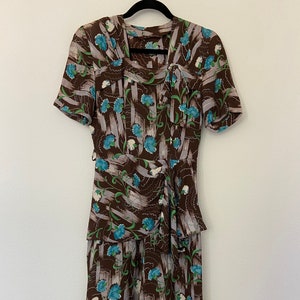 Vintage Brown 1940&#39;s Abstract Blue Floral Print Dress with Matching Belt
