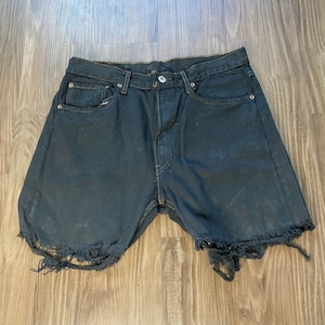 Vintage Levi&#39;s Distressed Black Cut Off Denim Jean Shorts