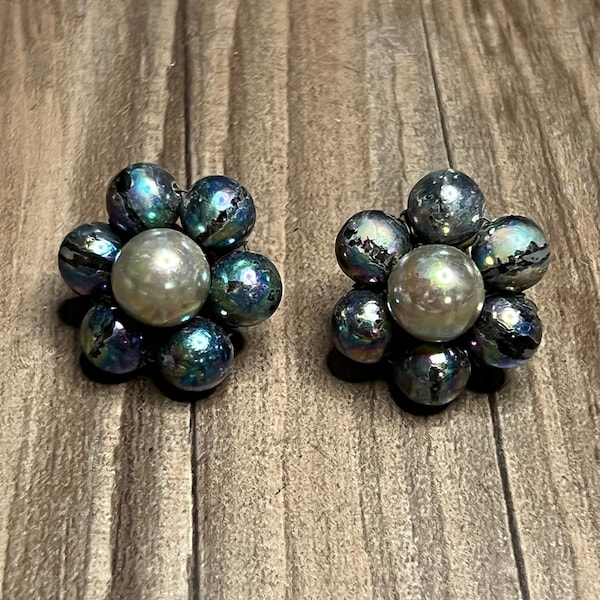 Vintage 1950's-1960's Beaded Pearl Clip On Earrings