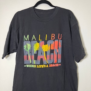 Vintage Malibu Beach &quot;Where Life&#39;s A Beach&quot; Neon Graphic T-Shirt