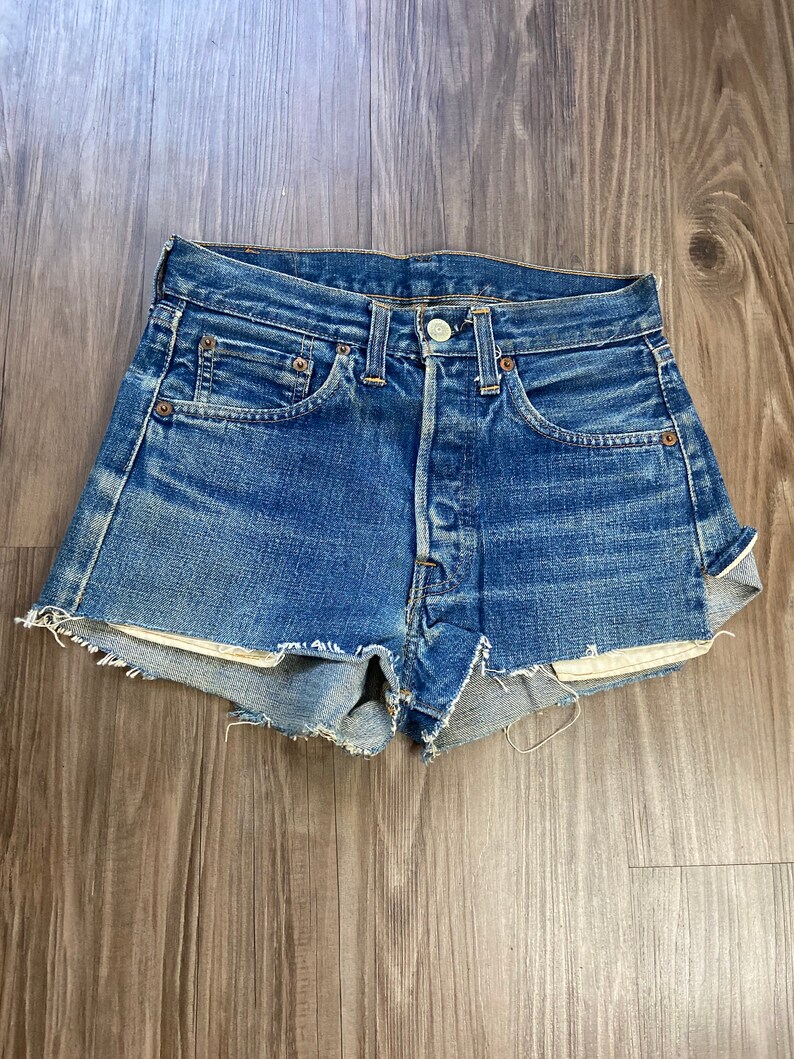 Vintage Levi's 501 BIG E Redlines Short Short Cut Off Denim Blue Jean Shorts image 1