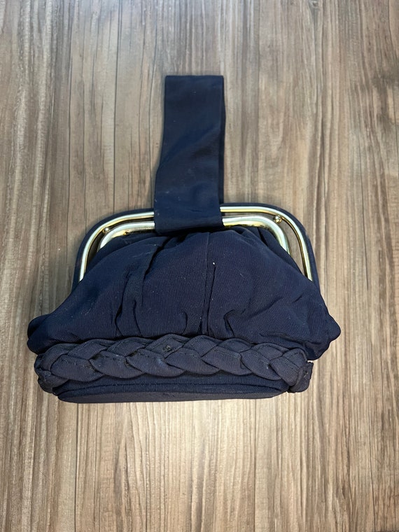 Small Vintage Dark Blue Cloth Handbag With Gold M… - image 3